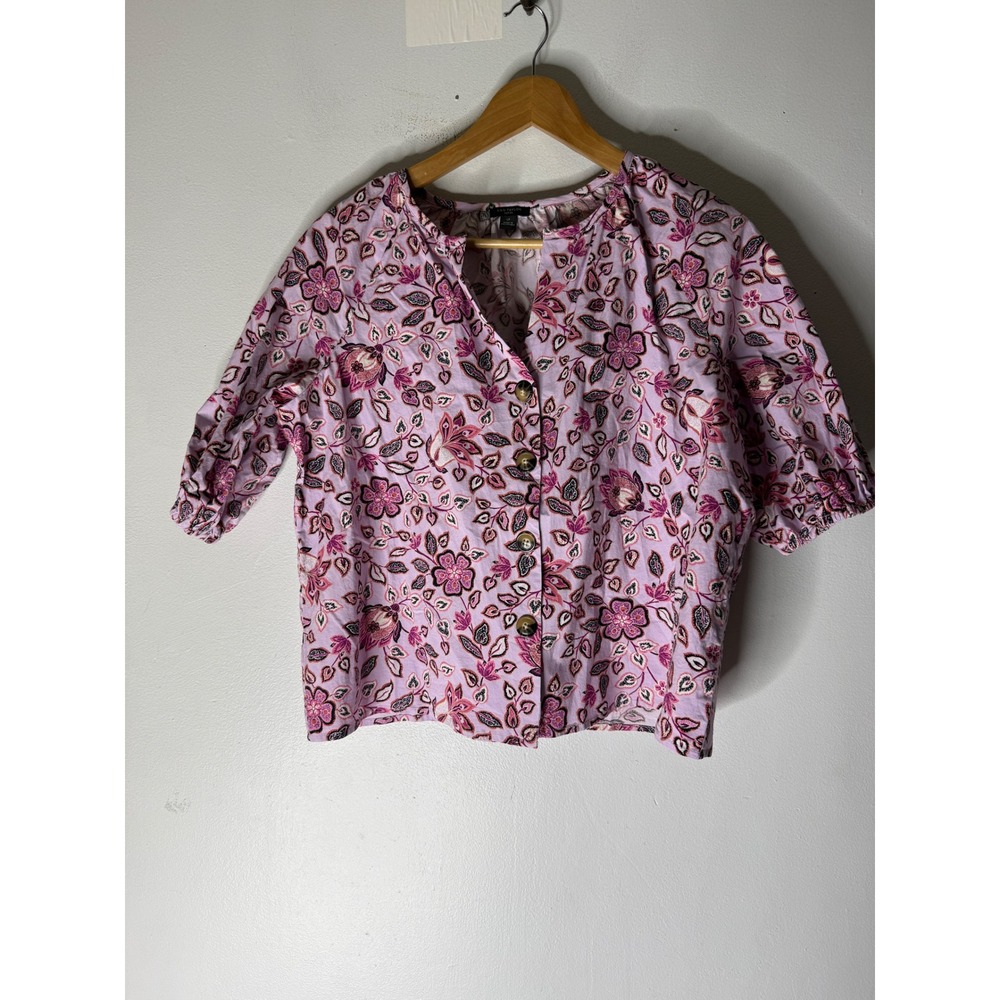 Ann Taylor Purple Floral V-neck Raglan Sleeve Button Front Blouse Top LP